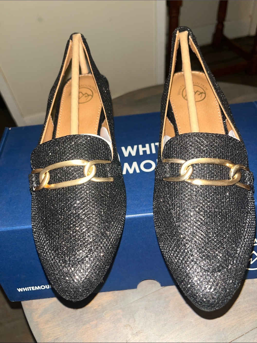 White Mountain Glitter Black Loafers with Gold Chain